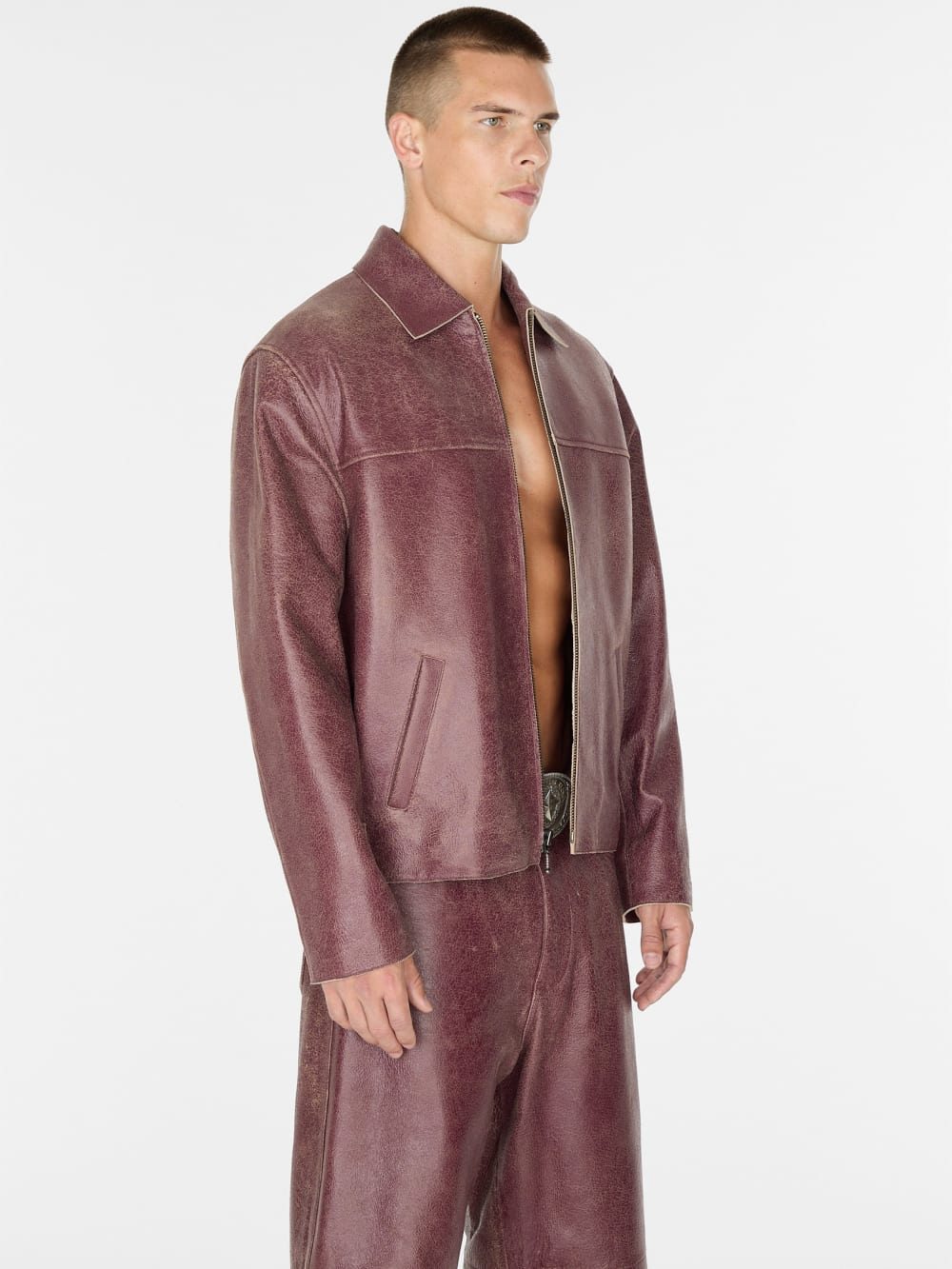 crackle leather zip jacket