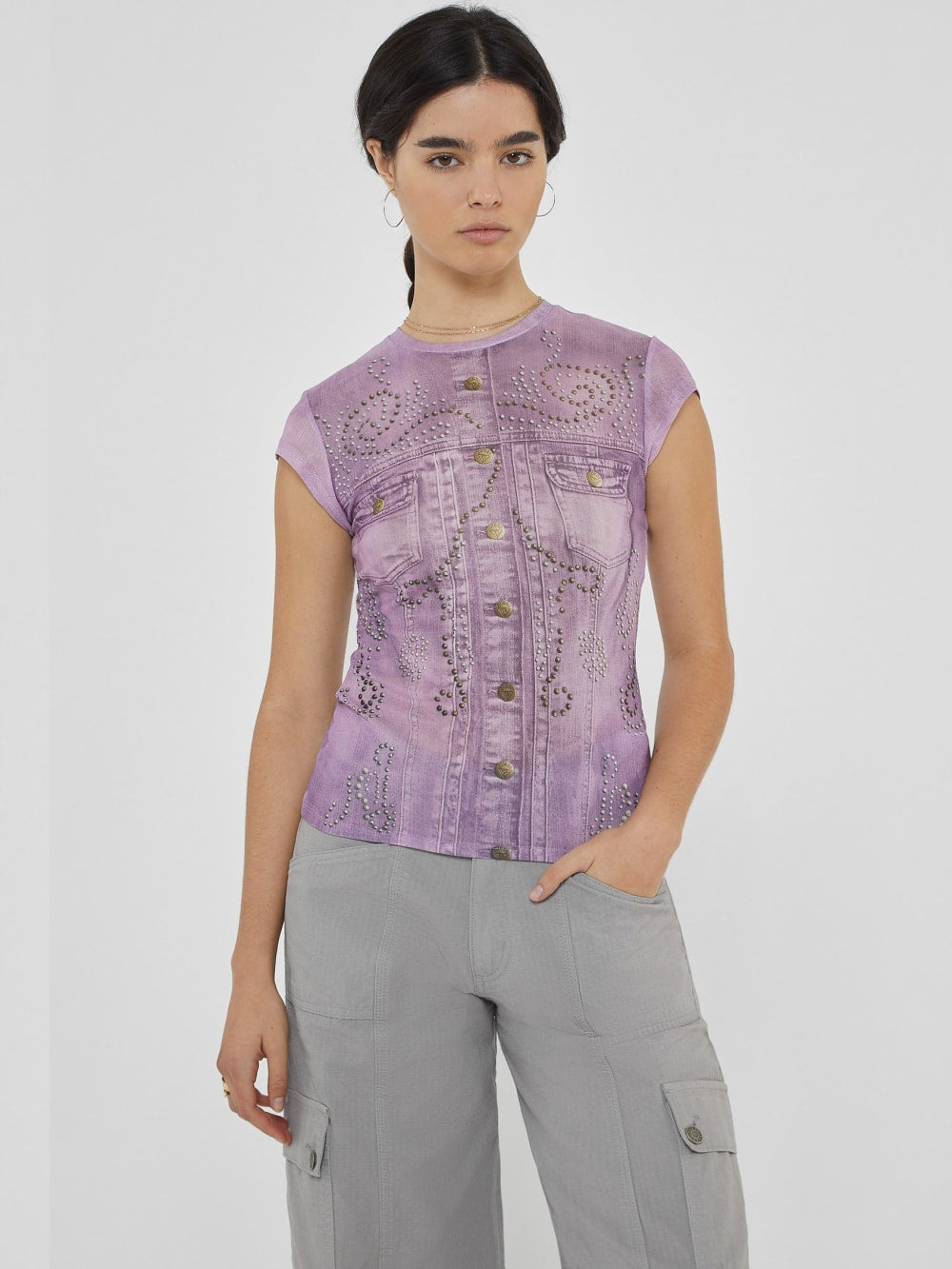GUESS Originals Printed Stud and Denim Mesh Top