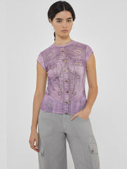 GUESS Originals Printed Stud and Denim Mesh Top