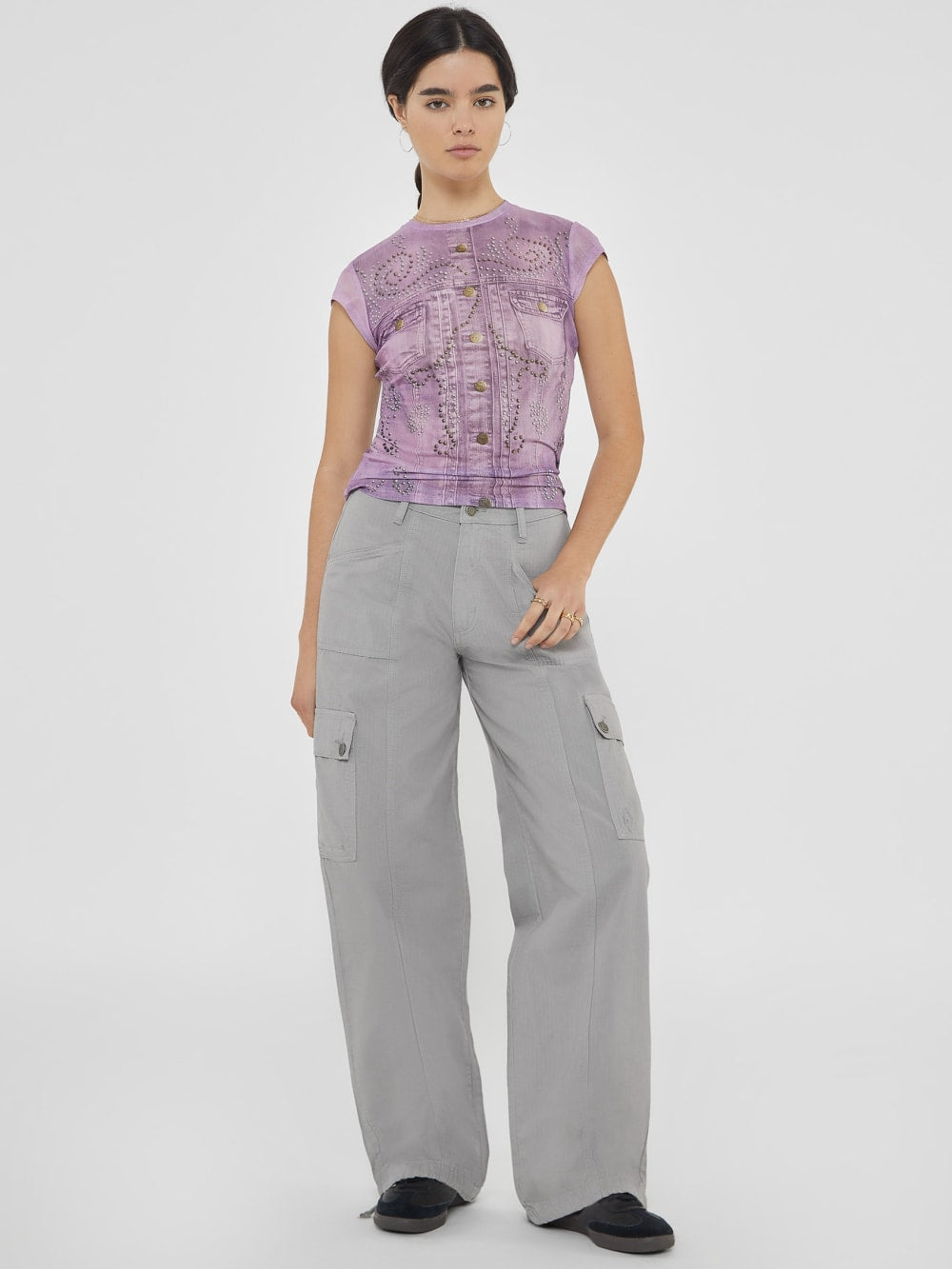 GUESS Originals Printed Stud and Denim Mesh Top
