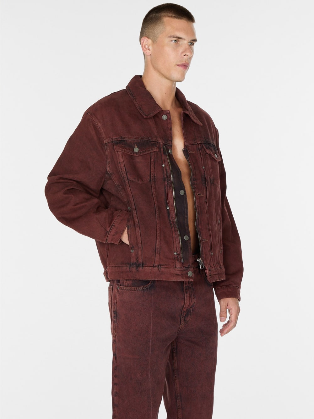 red lined zip-up trucker jacket