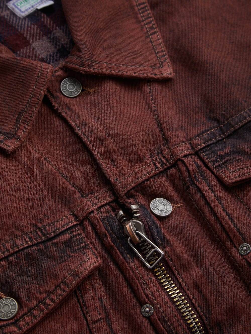 red lined zip-up trucker jacket