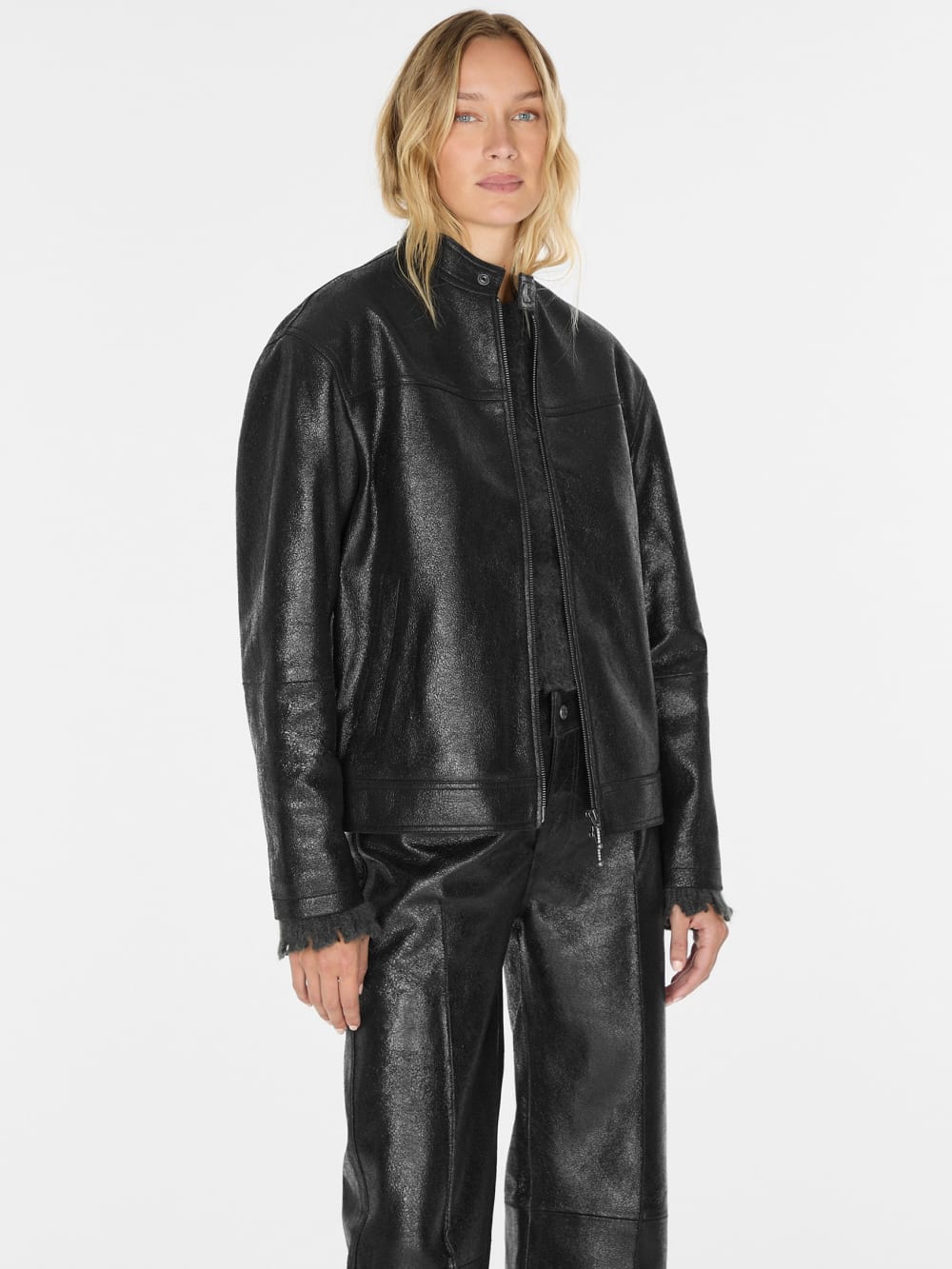 crackled leather moto jacket