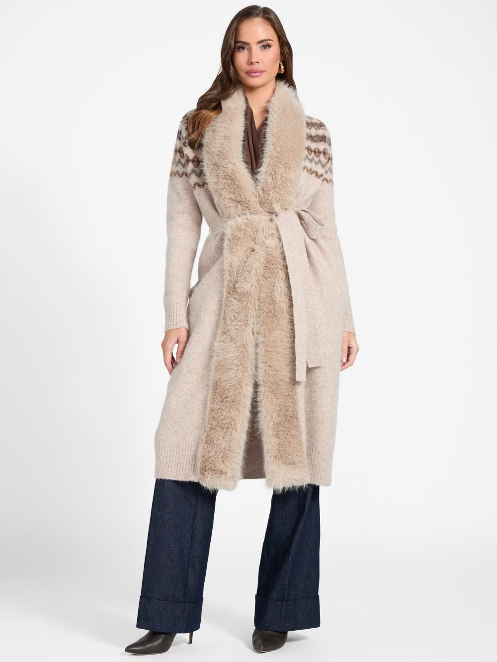 Akilah Faux Fur-Trim Longline Cardigan